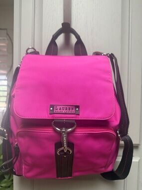 Lauren Ralph Lauren Hot Pink Nylon Backpack with Black Trim